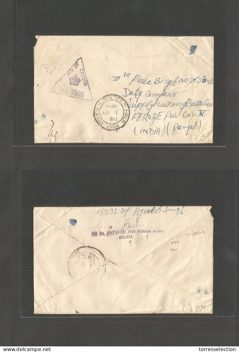 MALAYSIA. 1941 (5 May) FPO "502" Malaya Punjab. Registered FM To India, Feroge. Military  WWII Mail. Registered Cachets  - Malaysia (1964-...)