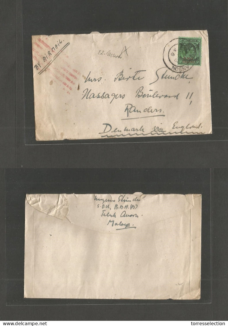 MALAYSIA. 1946 (23 March) BMA. Teluk Anson - Denmark, Randers. Single 50c Fkd Env Airmail Modified. - Malaysia (1964-...)