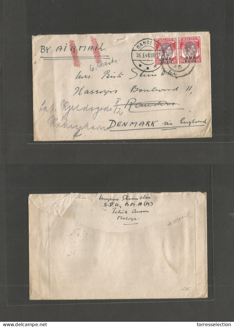 MALAYSIA. 1946. BMA. Teluk Anson - Denmark, Randers. Air Fkd + Modified. Via England. Fine. - Malaysia (1964-...)