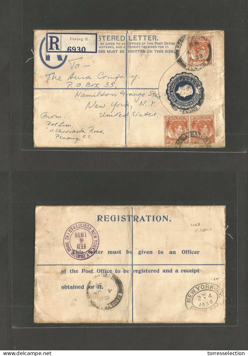 MALAYSIA. 1938 (4 Jan) Penang - NYC, USA (4 Feb) 15c Blue Stat Env + 3 Adtls, Cds. - Malesia (1964-...)