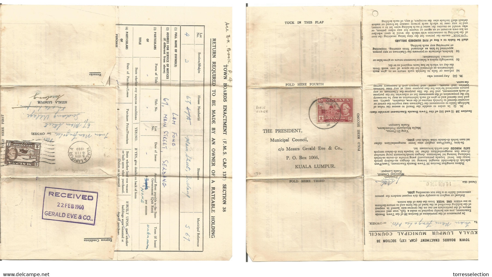 MALAYSIA. 1960 (16-28 Febr) SELANGOR KL - SONGEIBESI. Double Fkd Usage Municipal Communication. - Malaysia (1964-...)