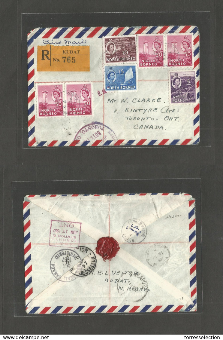 MALAYSIA. 1957 (7 June) North Borneo, Kudat - Canada, Toronto (15-17 June) Registered Airmail Multifkd Env + R-label. A  - Malaysia (1964-...)
