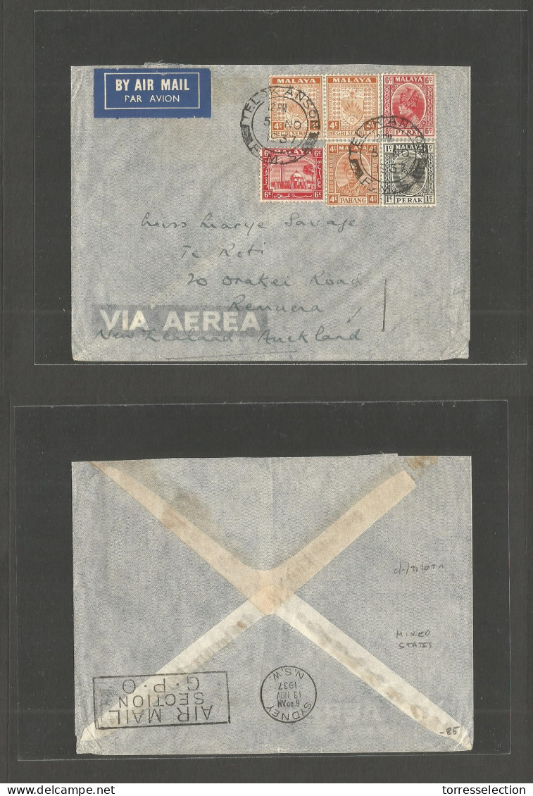 MALAYSIA. 1937 (5 Nov) PaHang, Perak, Malaya, Negri Sembilan. Telok Anson - New Zealand, Aukland. Air Multifkd Mixed Sta - Malaysia (1964-...)