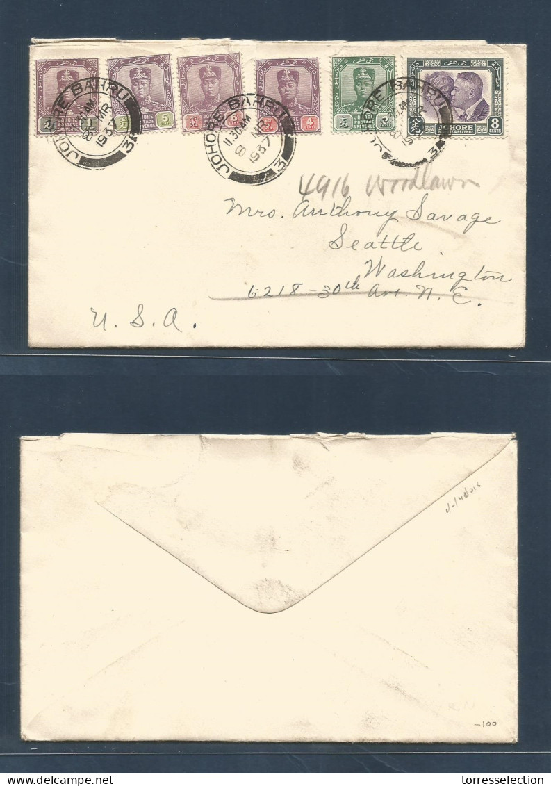 MALAYSIA. 1937 (8 March) Johore. J. Bahru - USA, Washington, Seattle. Multifkd Envelope At 26c Rate. VF Appealing Multip - Malaysia (1964-...)