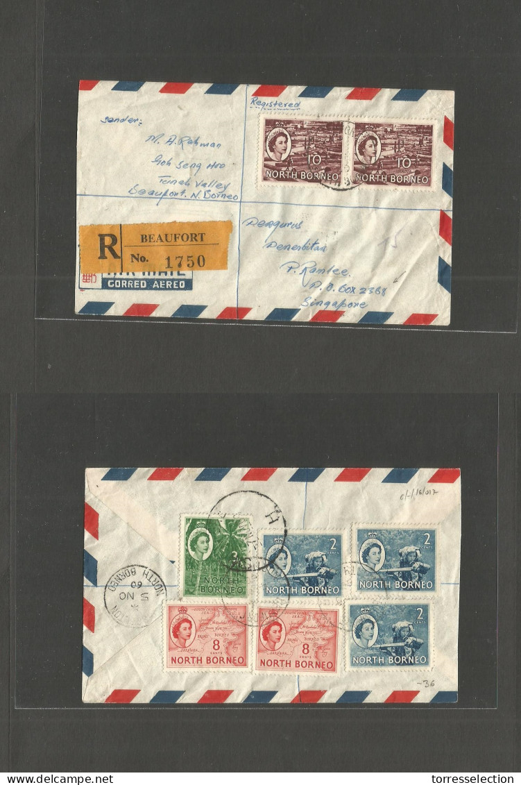 MALAYSIA. 1960 (5 Nov) North Borneo, Beaufort - Singapore. Registered Air Front + Reverse Multifkd Env. Very Nice Item. - Malaysia (1964-...)