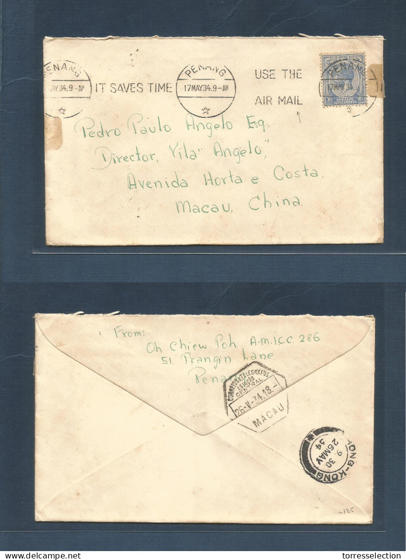 MALAYSIA. 1934 (17 May) Penang - Macau, Portuguese China (26 May) Single 12c Blue Fkd Env Slogan Rolling Cancel. VF + Ra - Malesia (1964-...)