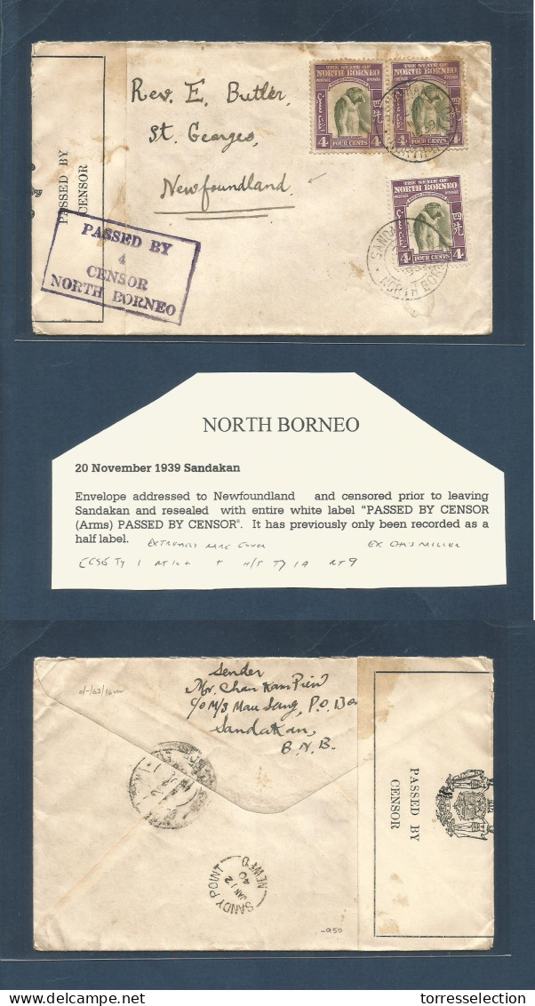 MALAYSIA. 1939 (20 Nov) North Borneo. Sandakan - Sandy Port, Newfoundland, Canada (Jan 12) Multifkd Envelope + Depart La - Malaysia (1964-...)