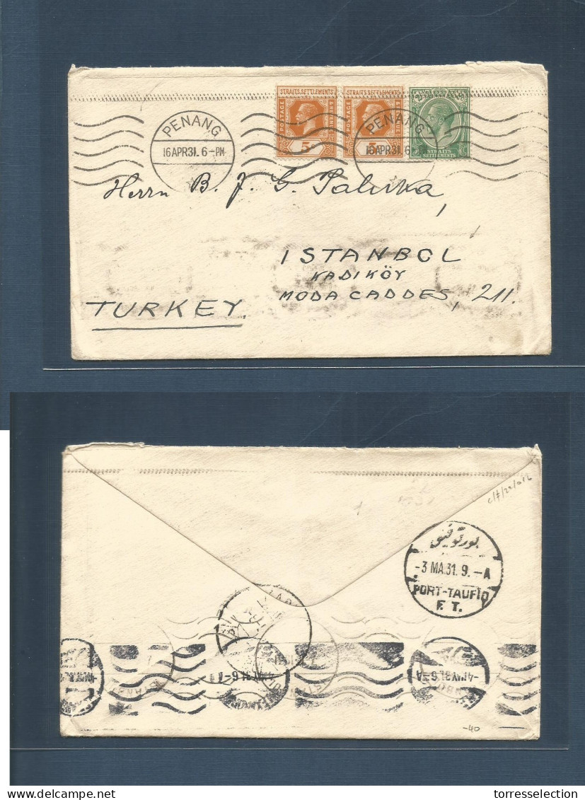 MALAYSIA. 1931 (16 Apr) Penang - Turkey, Instambul, Nadikoy (4 May) St. Stl Multifkd Envelope At 10c Rate Rolling Cancel - Malaysia (1964-...)