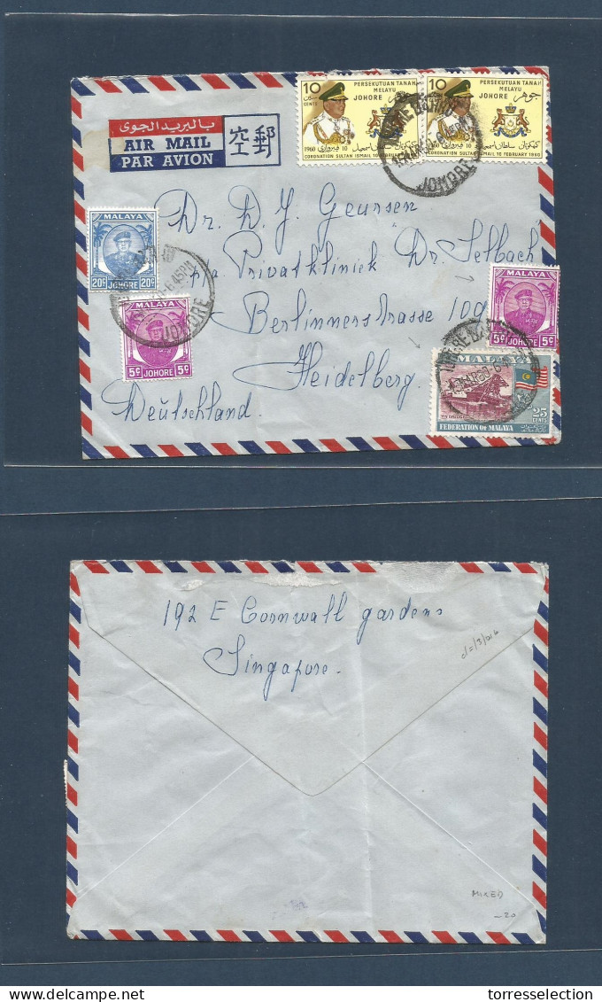 MALAYSIA. 1960 (15 March) Johore. Bahru - Germany, Heidelberg. Mixed Pre-post. Independence Usage. Air Multifkd Envelope - Malaysia (1964-...)