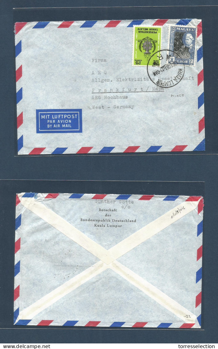 MALAYSIA. 1961 (13 Dic) Kuala Lumpur - West Germany, Frankfurt. Air Multifkd Env, Mixed Pre-post Usages. VF Interesting  - Malaysia (1964-...)