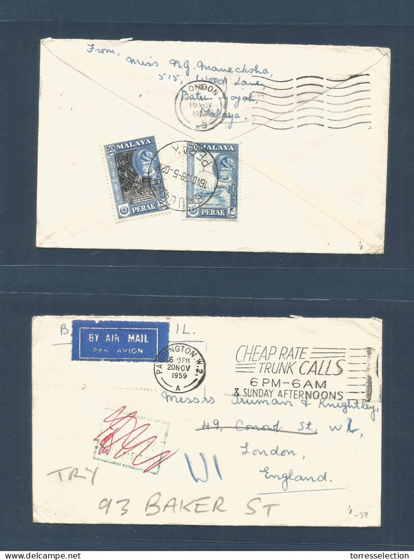 MALAYSIA. 1959 (16 Nov) PERAK, Batugajah, UK, London (20 Nov) Reverse Fkd Env At 70c Rate, Taxed + Cross Ont Airmail Usa - Malaysia (1964-...)