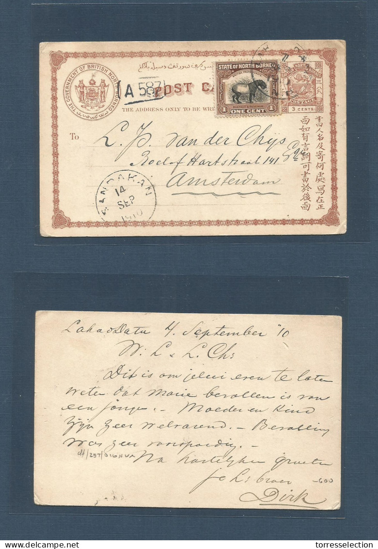 MALAYSIA. 1910 (4 Sept) British North Borneo. Lahadatu - Netherlands, Amsterdam. Via Saudakan (14 Sept) BNB 3 Cts Brown  - Malaysia (1964-...)