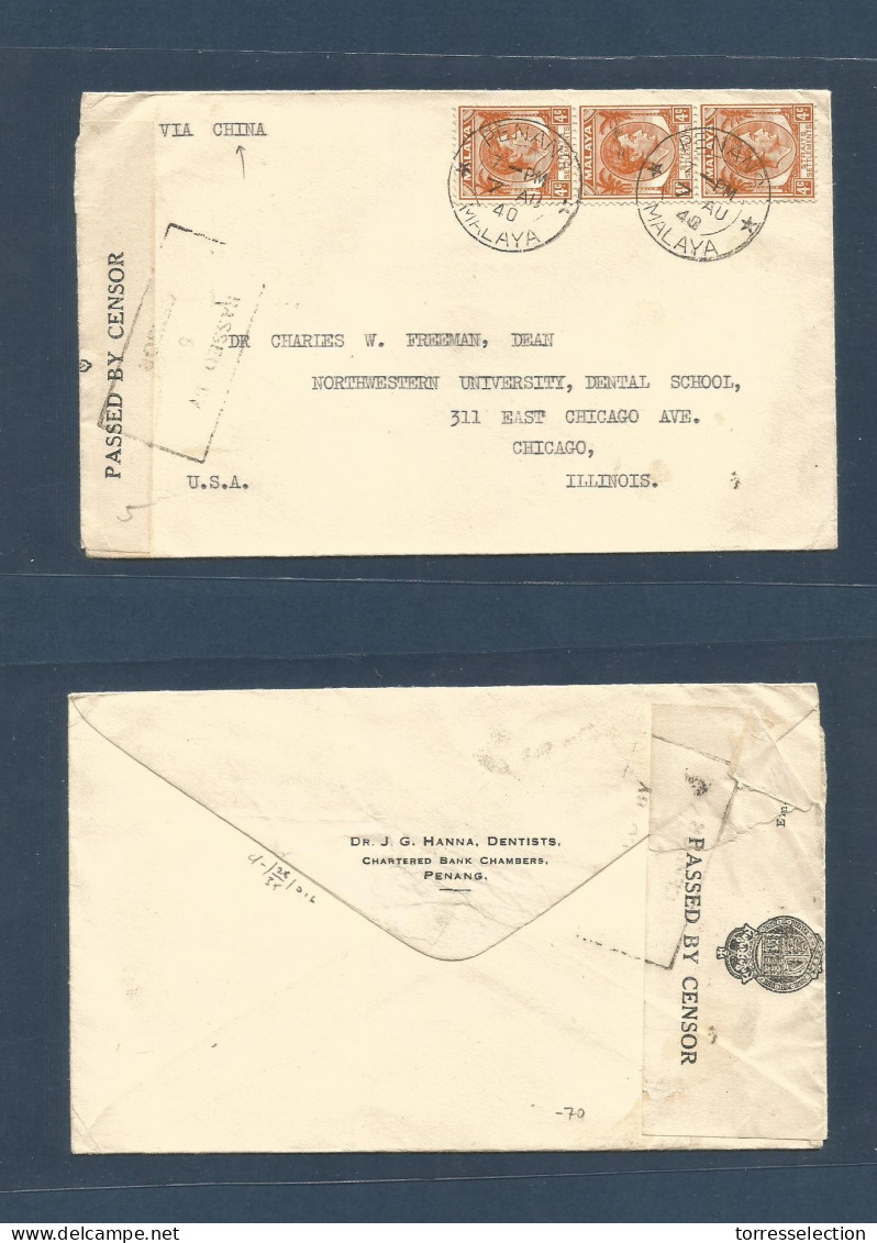 MALAYSIA. 1940 (7 Aug) Via China, Penang - USA, Chicago, Ill. Multifkd Envelope At 12c Rate, Singapore Censor + Enclosed - Malaysia (1964-...)