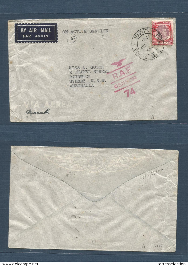 MALAYSIA. 1941 (8 Sept) Australian Forces In Malaya. FPO / SP. 501" Raf Censor. OAS. Air Fkd 25c On Mail To Sydney, Aust - Malesia (1964-...)