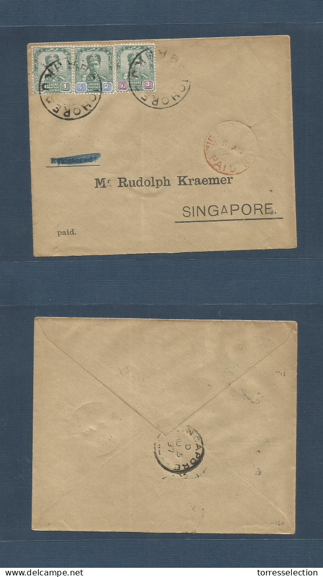 MALAYSIA. 1897 Johore Bahru - Singapore (5 Aug 97) Multifkd Envelope; Ring Cachet + Arrival Red Singapore Paid Cds. Fine - Malesia (1964-...)