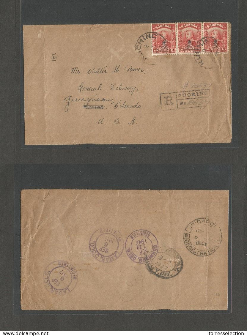 MALAYSIA. 1947 (2 July) SARAWAK. Kuching - USA, Gunpison, Cº (5-11 Sept) Via NYC. Registered Multifkd Envelope "GR" Crow - Malaysia (1964-...)