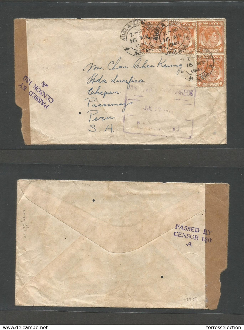 MALAYSIA. 1941 (16 May) Kuala Lumpur - PERU, Chepen, Pacamayo (17 July) 16c Rate Fkd Envelope, Singapore Censorship With - Malesia (1964-...)