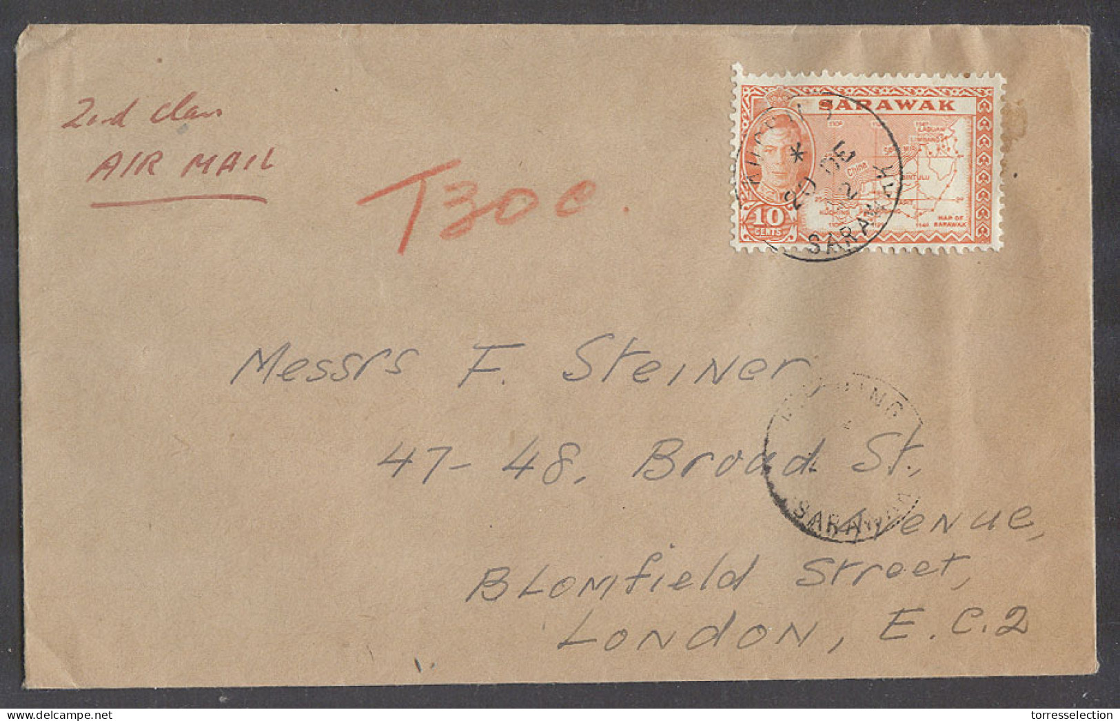 MALAYSIA. 1952 (20 Dec). K G VI Kuching - UK, London. 2nd Class Mail Taxed. Fkd Env 10c Orange Tied Cds. Unsealed Env. F - Malaysia (1964-...)