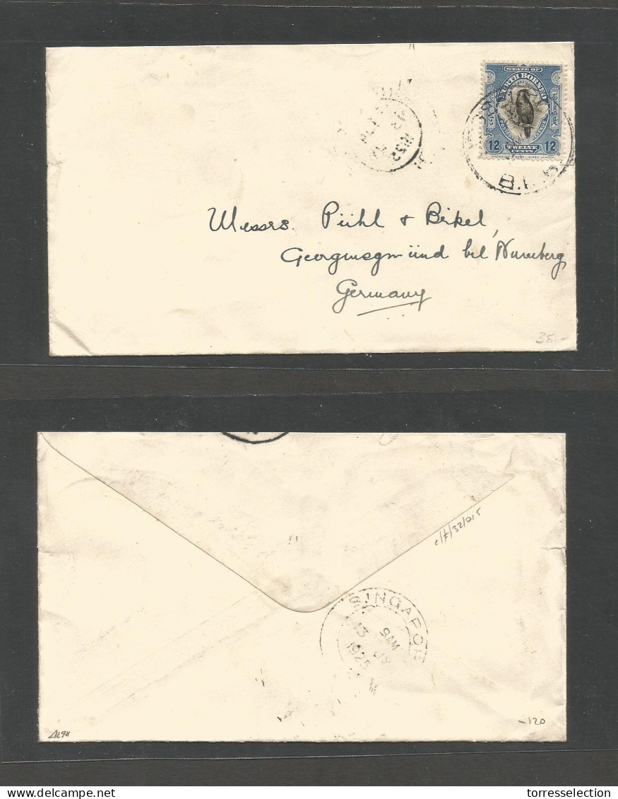MALAYSIA. 1925 (July) North Borneo, Jesselton - Germany, Nuremberg. Via Singapore (13 July 25) Fkd Envelope. 12c Blue Bi - Malesia (1964-...)