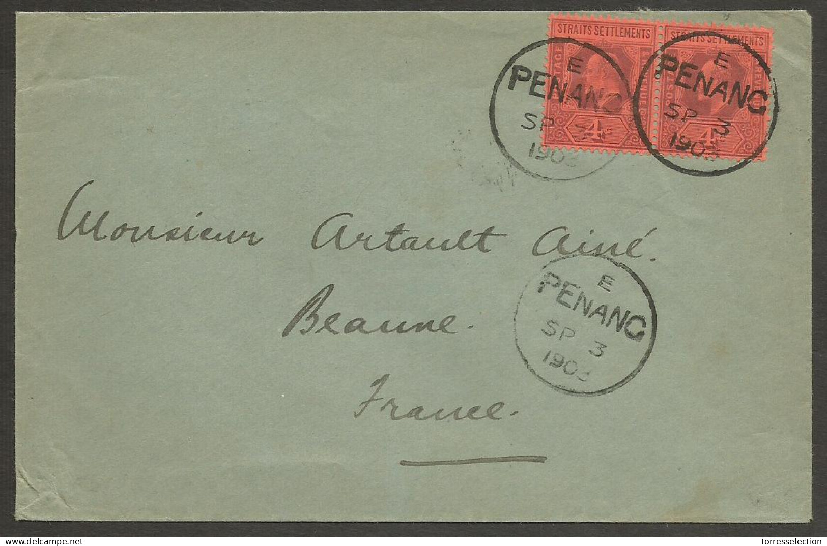MALAYSIA. 1903 (3 Sept). Penang - France, Beaune (27 Sept). St S Stamps 4c Red Pair Tied Cds. Lovely Usage. - Malaysia (1964-...)