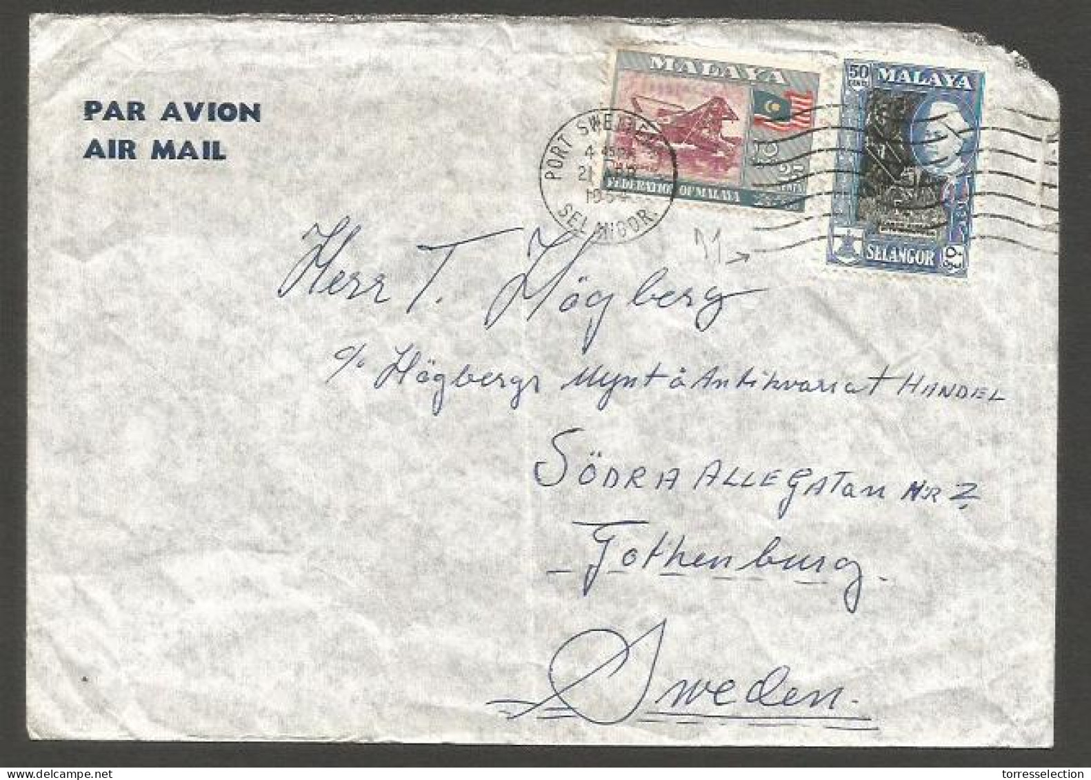 MALAYSIA. 1954 (21 April). Port Swetten - Sweden, Gothenburg. Air Fkd Env Federation Selangor Fkg Wavy Lines Cancel. - Malesia (1964-...)