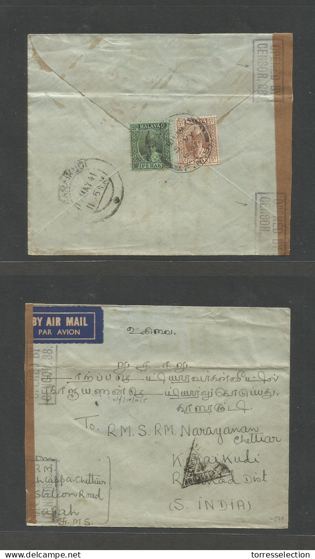 MALAYSIA. 1941 (5 May) FMS, Perak, Sabah, Taipina - India, Karaikuli (17 May). Reverse Airmail Fkd 55c Rate + Tied Cds + - Malesia (1964-...)