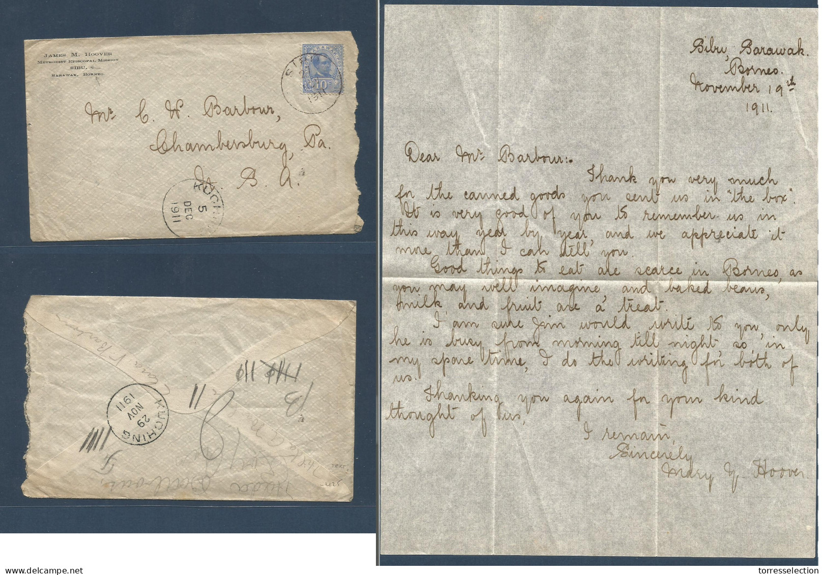 MALAYSIA. 1911 (27 Nov) Sibu, Borneo - USA. Chanborsburg, PA. 10c Blue Fkd Envelope With Contains Via Kuching (29 Nov -  - Malesia (1964-...)