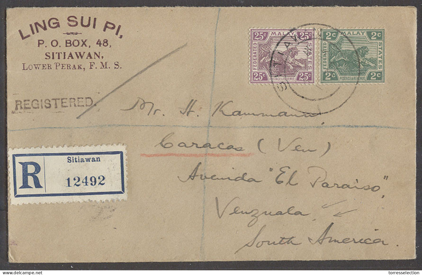 MALAYSIA. 1932 (4 Jan). Sitiawan - Venezuela, Caracas South America. Via NY (9 Feb). Reg Fkd Env 27c Rate Malay Issu Cds - Malaysia (1964-...)