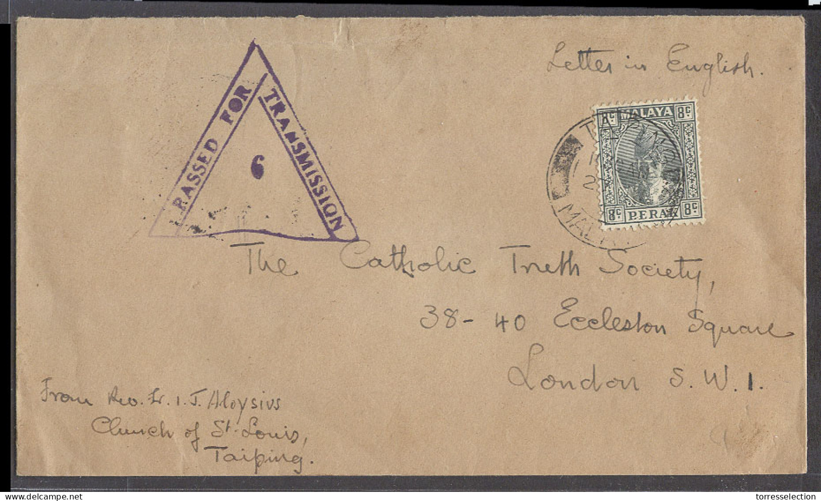 MALAYSIA. 1941 (27 June). Perak. Taiping - UK. Fkd Missionary Env Depart Censor Cachet (nº 6). VF. - Malaysia (1964-...)