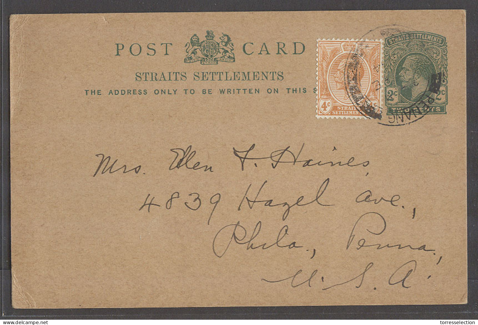 MALAYSIA. 1934 (21 Feb). Penang - USA, Pha. 2c Green St Card 4c Adtl Cds. - Malaysia (1964-...)