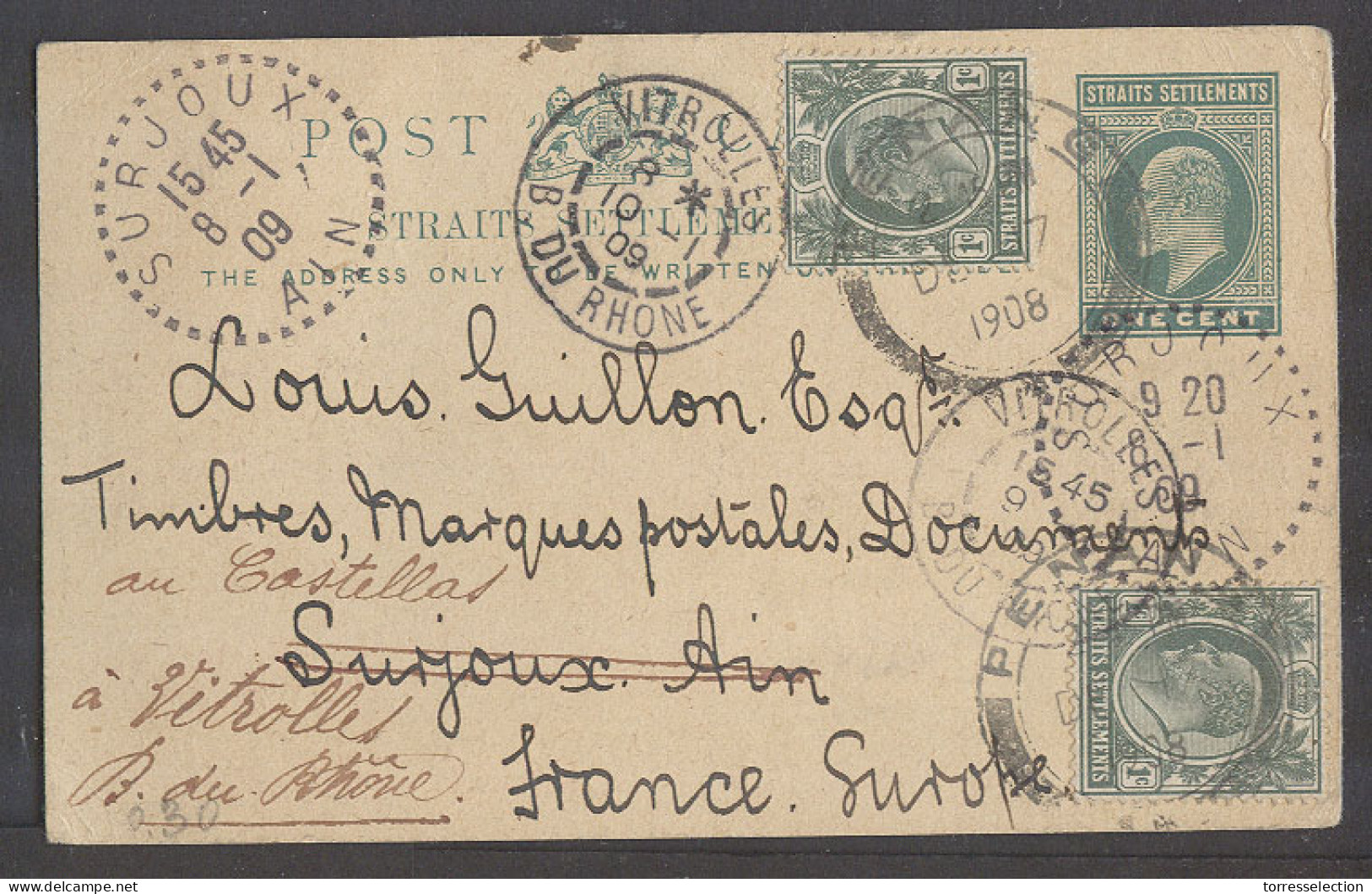 MALAYSIA. 1908 (15 Dec). Penang - France, Surjoux 1c Green Stat Card 2 Adtls Cds Transits Alongside Fwded VF Item. - Malesia (1964-...)