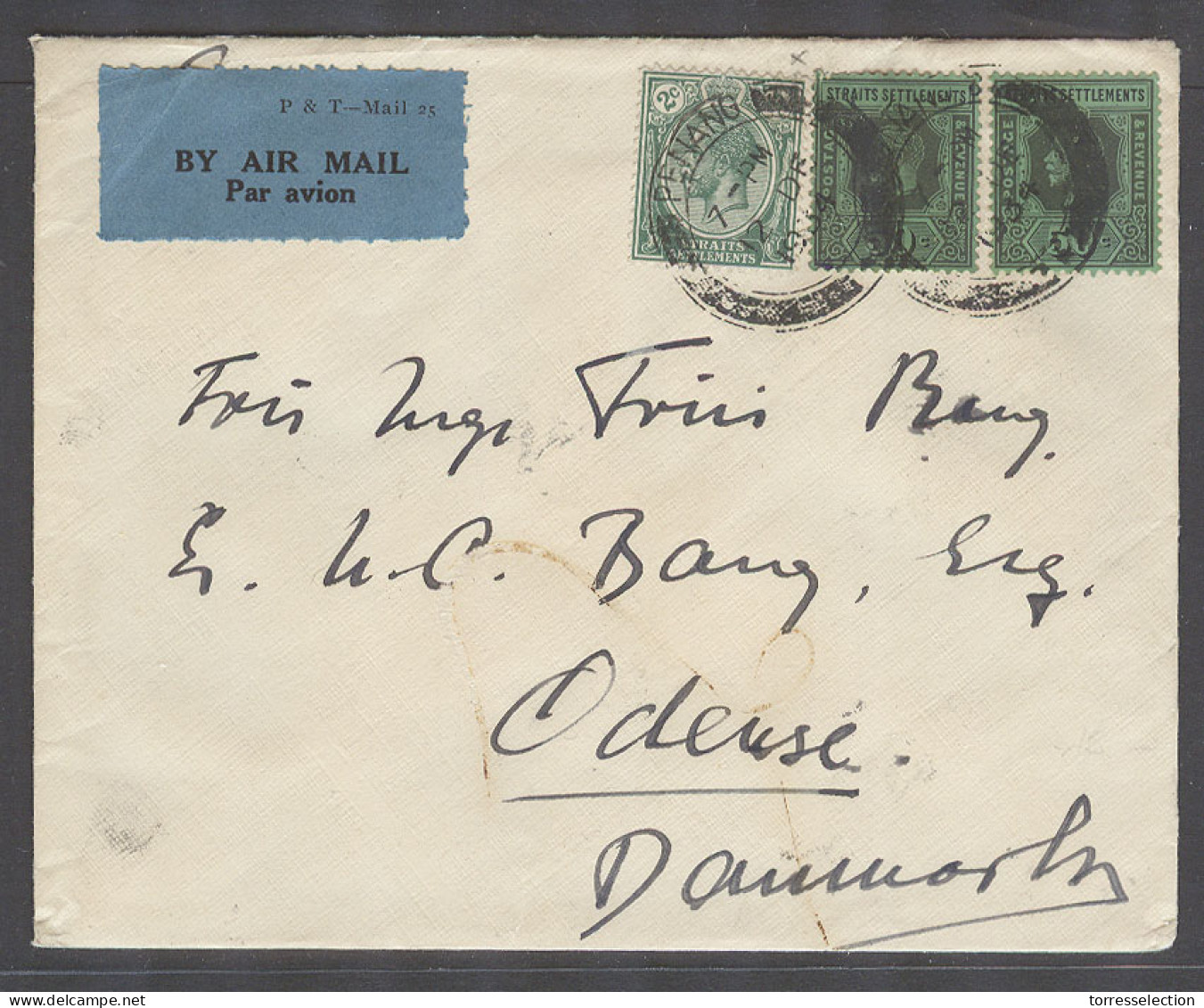 MALAYSIA. 1934 (12 Dec). St Line Issu. Penang - Denmark (21 Dec). Odensee. Airmail Mulfkd Env 102c Rate Mixed Issues. Fi - Malaysia (1964-...)