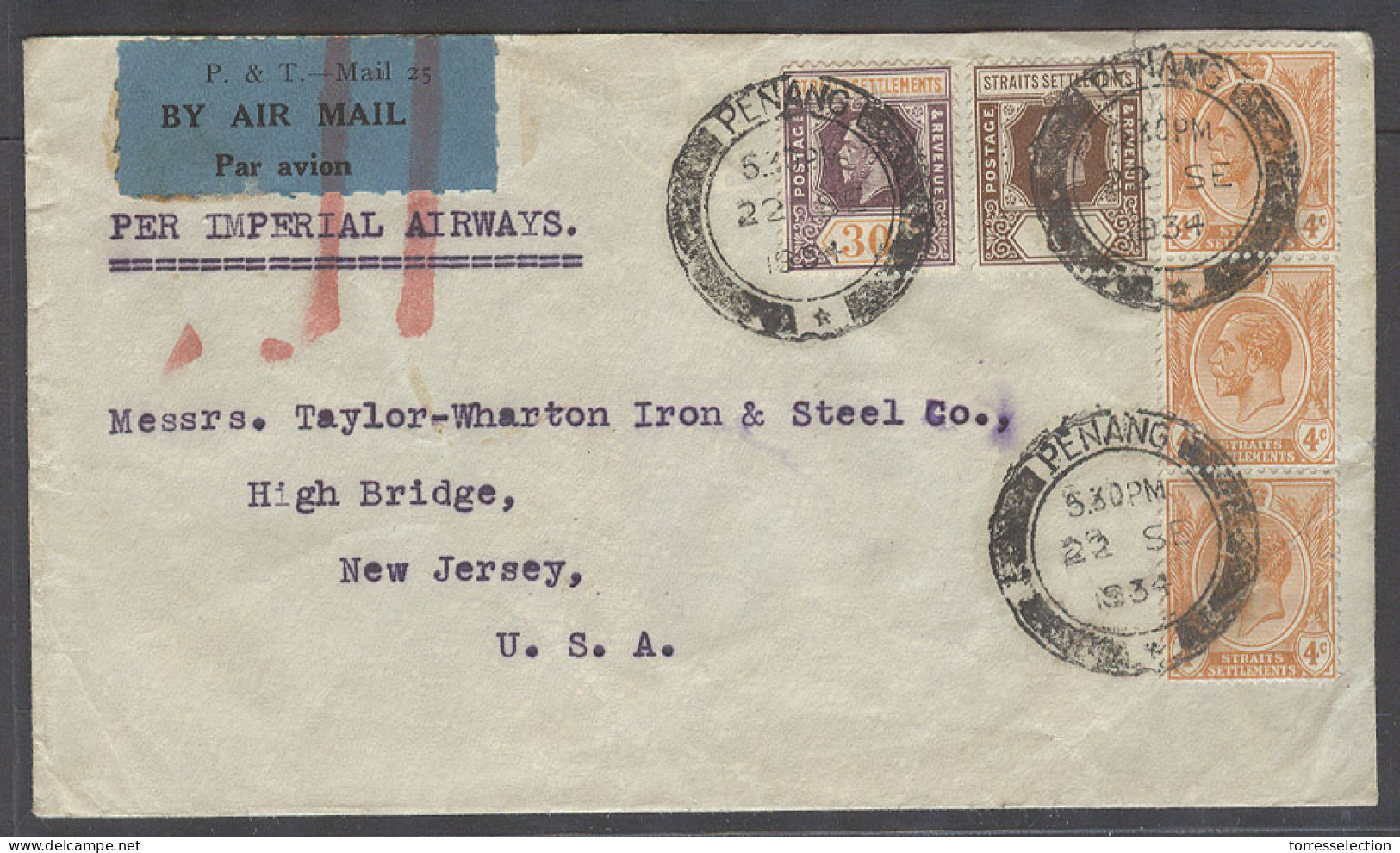 MALAYSIA. 1934 (22 Sept). Penang - USA, NJ. High Bridge. Multifkd Air Mail Env. Via Imperial Airways 47c Rate. VF Cover. - Malesia (1964-...)