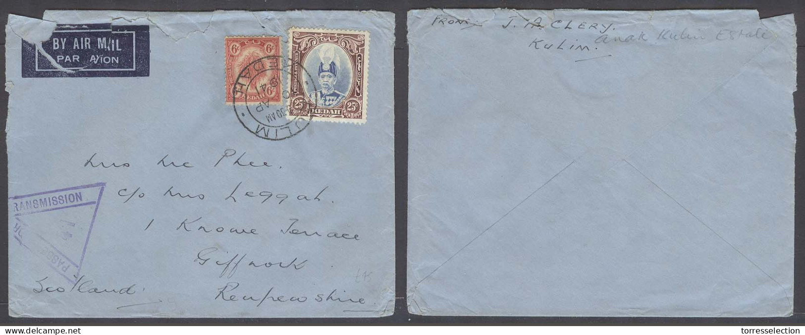 MALAYSIA. 1941 (10 April). Kulim, Kedah - Scotland, UK. Air Fkd Kedah Stamps, 31c Rate Censor Cachet. Anak Kulim State.  - Malaysia (1964-...)