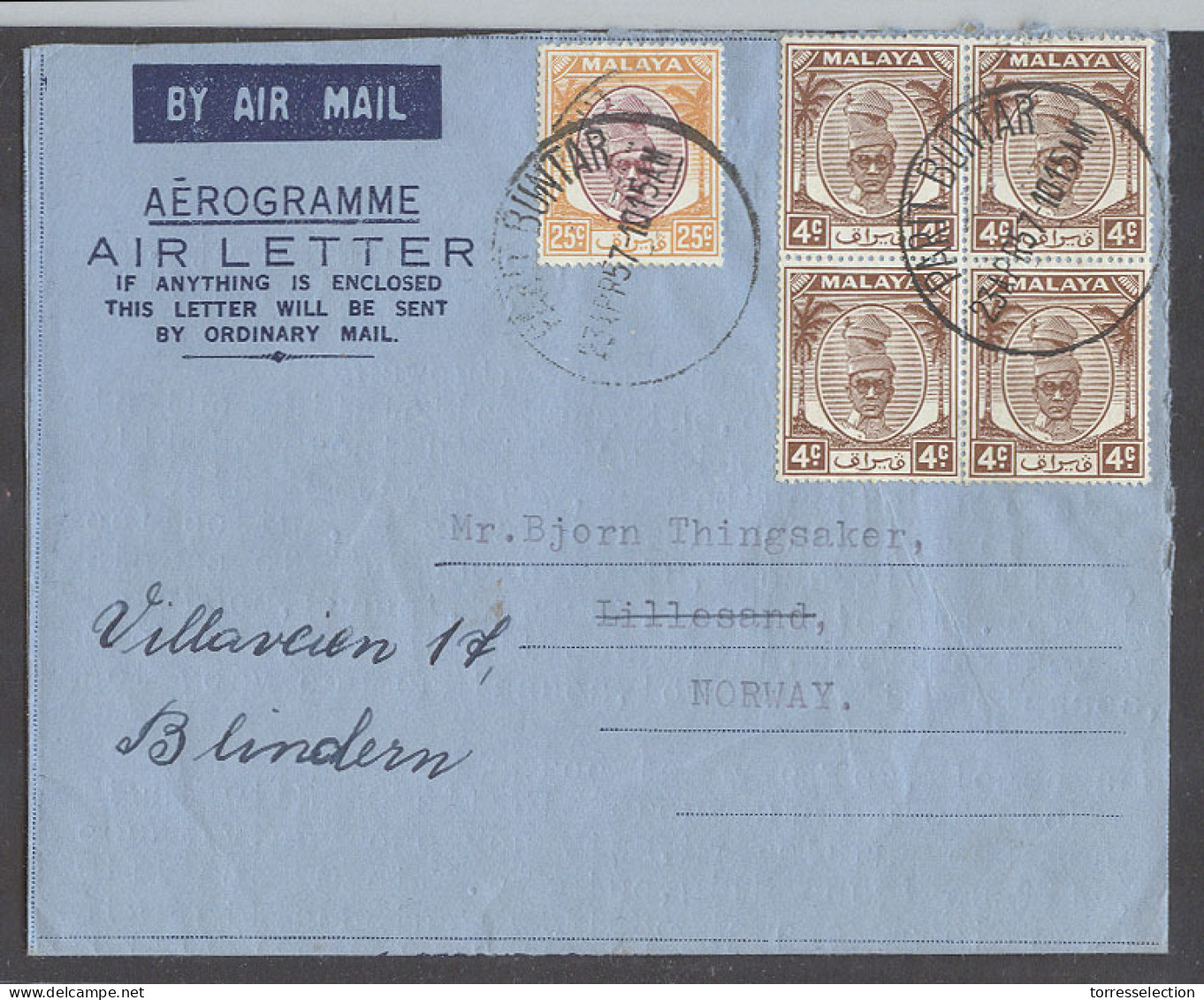 MALAYSIA. 1957 (23 April). Perak. Parit Buntar - Norway, Blindern. Fkd Air Letter 4c Rate Incl 4 Block Of Four Proper Te - Malaysia (1964-...)