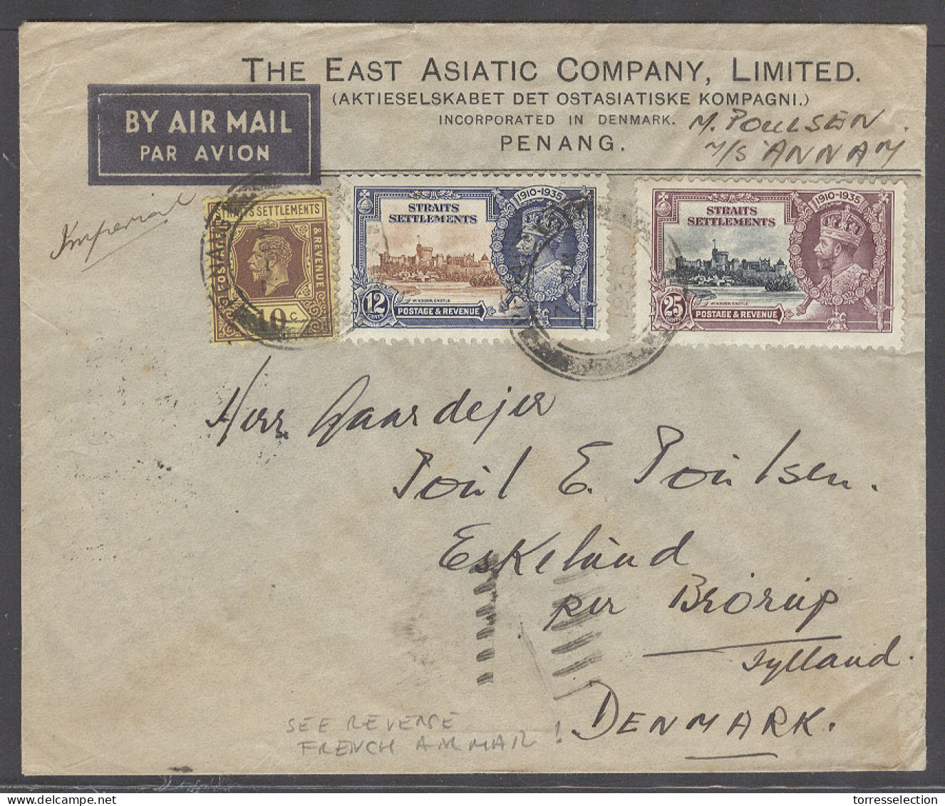 MALAYSIA. 1935 (23 Oct). Penang - Denmark, Eskilaad. Air Multifkd Env Incl Silver Jubilee Issue 47c Rarte Mns Imperial A - Malaysia (1964-...)