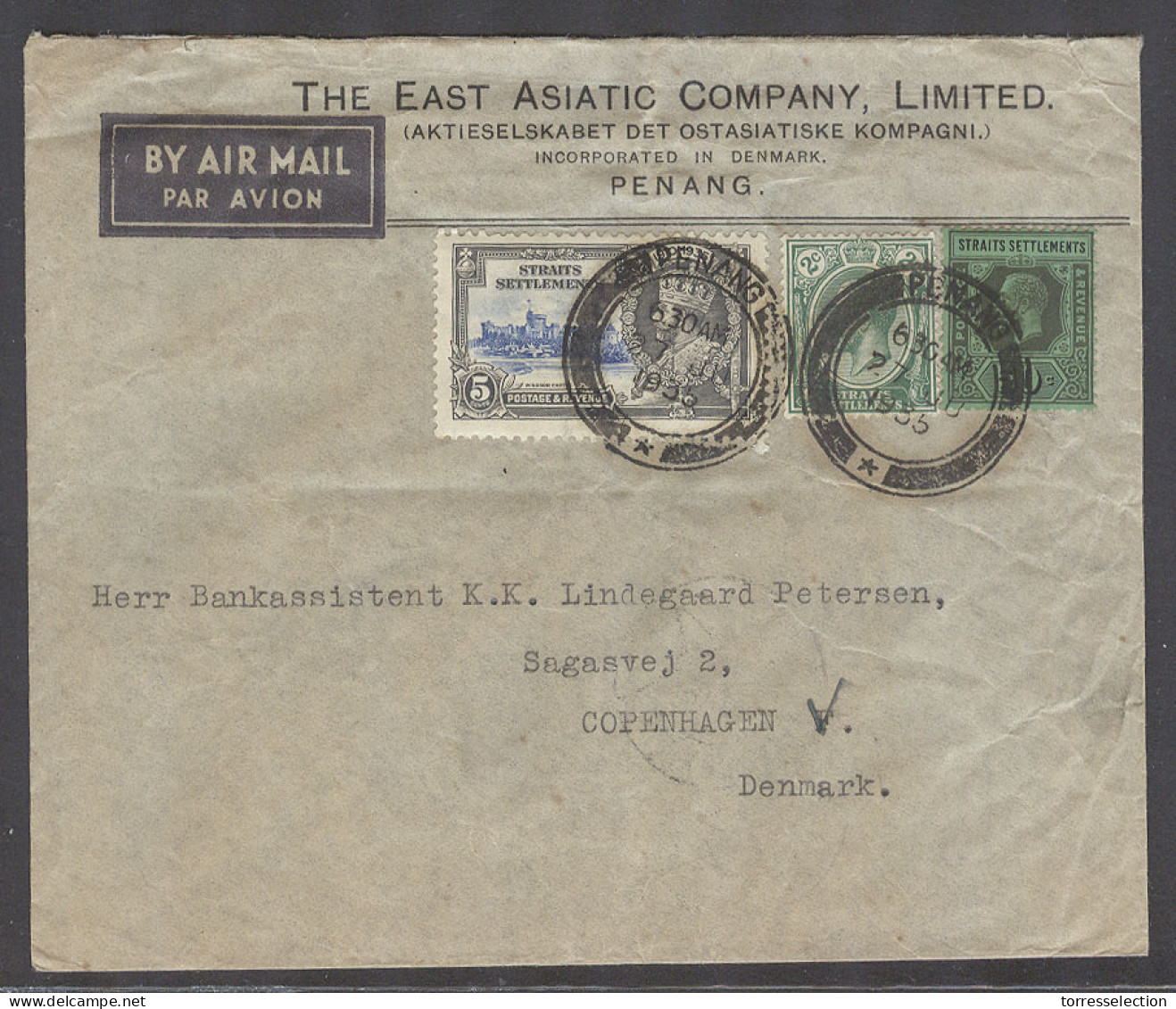 MALAYSIA. 1935 (27 June). Penang - Denmark, Copenhagen (5 July). Air Multifkd Env Icnl Silver Jubilee 57c Rate. XF. - Malaysia (1964-...)