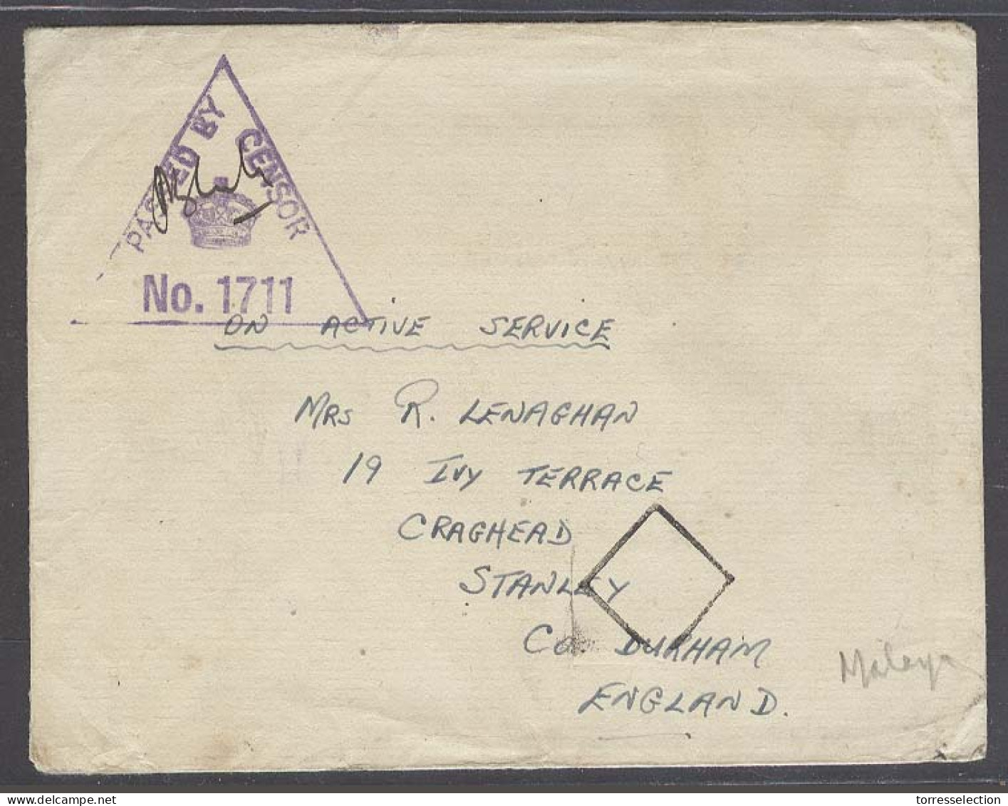 MALAYSIA. 1941 (18 Aug). Indian Div Force / FPO 31 - UK. FM / OAS Censored Env. - Malaysia (1964-...)