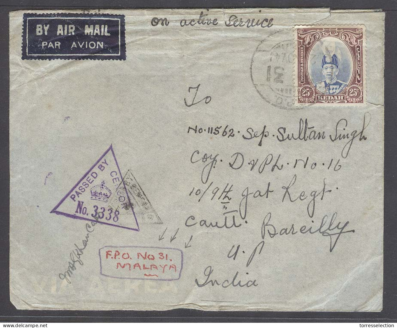 MALAYSIA. 1941 (21 Nov). FPO - 31 / Indian Forces. Air Fkd Censored Kedah 25c Stamp Mns FPO Nº31 - Malaya Box (xx). Fine - Malaysia (1964-...)