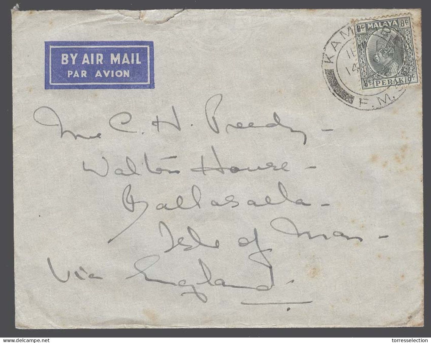 MALAYSIA. 1938 (14 Oct). Kampar / FMS - Isle Of Man. Air Fkd Env. - Malesia (1964-...)