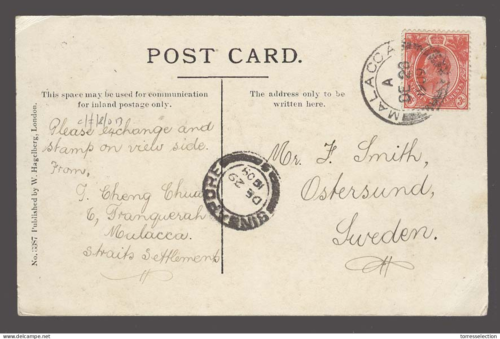 MALAYSIA. 1909 (28 Dec). Malacca - Sweden. Via Singapore (29 Dec). Fkd PPC 3c Stamp. - Malaysia (1964-...)
