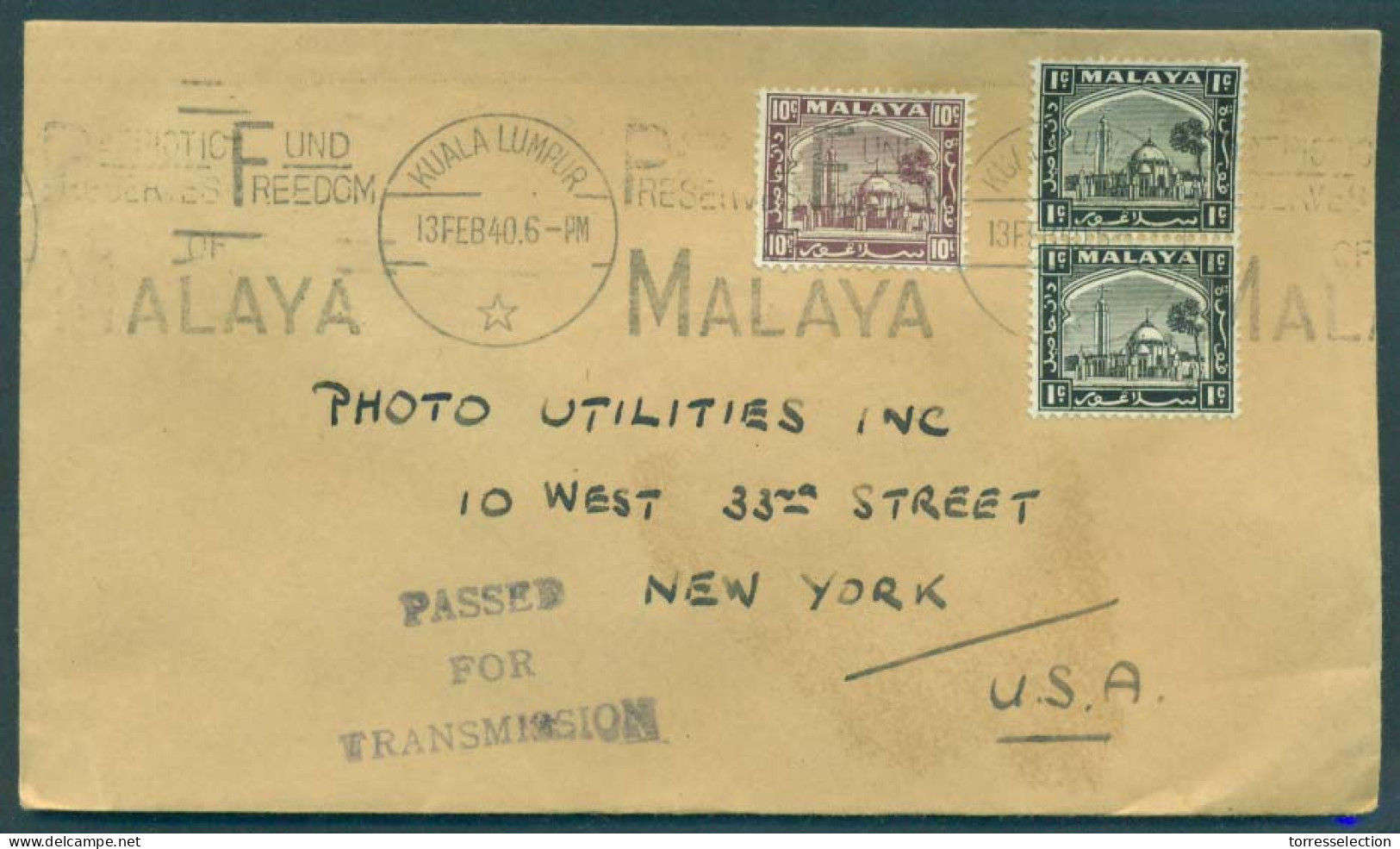 MALAYSIA. 1940 (13 Feb). Kuala Lumpur - USA (6 April). Multifkd Env / Slogan Cancel + Censored. VF. - Malesia (1964-...)