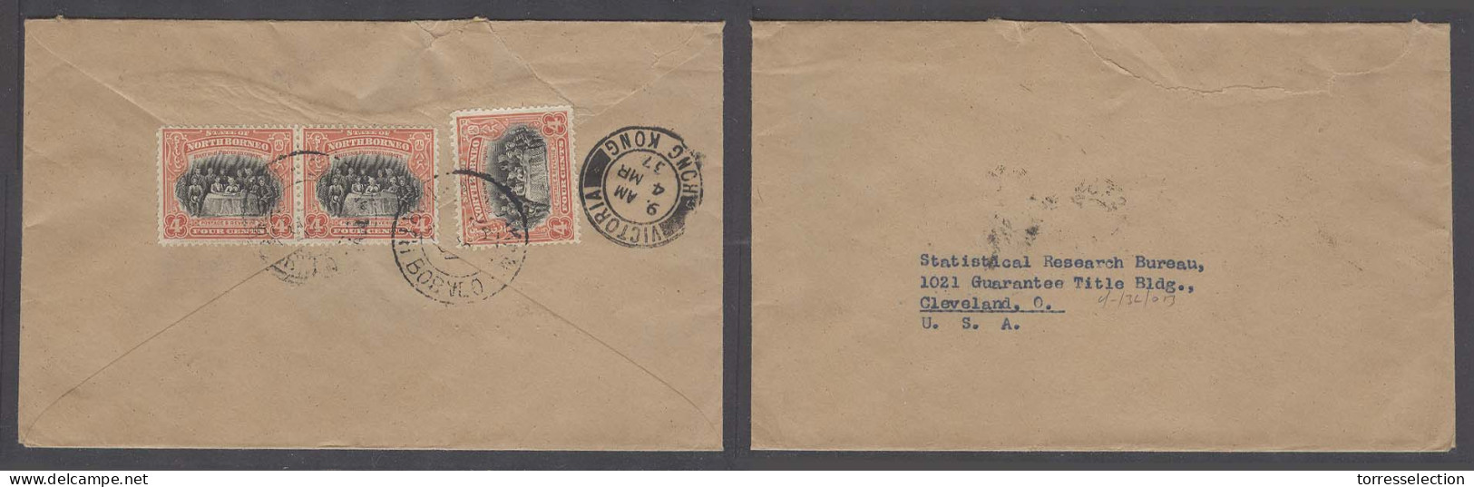 MALAYSIA. 1937 (26 Feb). North Borneo. Soakto - USA. Via Hg Kg (4 March 37). Reverse Multifkd Env. - Malaysia (1964-...)