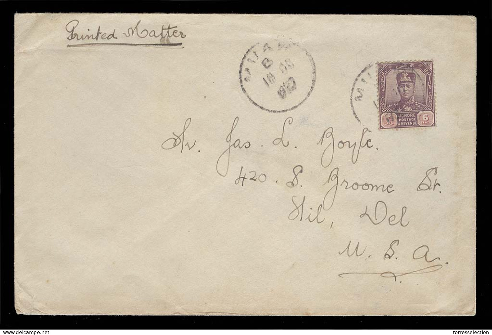 MALAYSIA. 1927 (18 Oct). Johore / Muar - USA. P Matter Rate Env Fkd Single 6 Cts Cds. Via Singapore Reverse (19 Oct). Fi - Malaysia (1964-...)