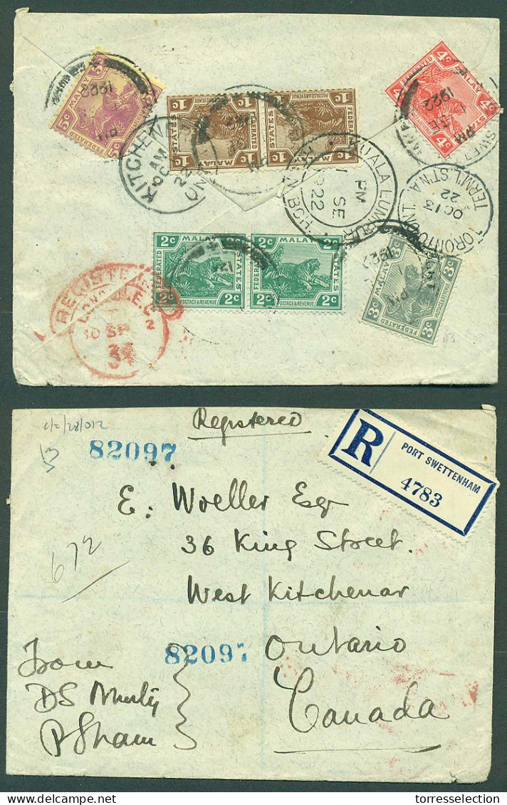 MALAYSIA. 1922 (1 Sept). Port Swettenham - Kuala Lumpur - Canada (13 Oct). Reg Reverse Multifkd Env Several Transits Inc - Malesia (1964-...)