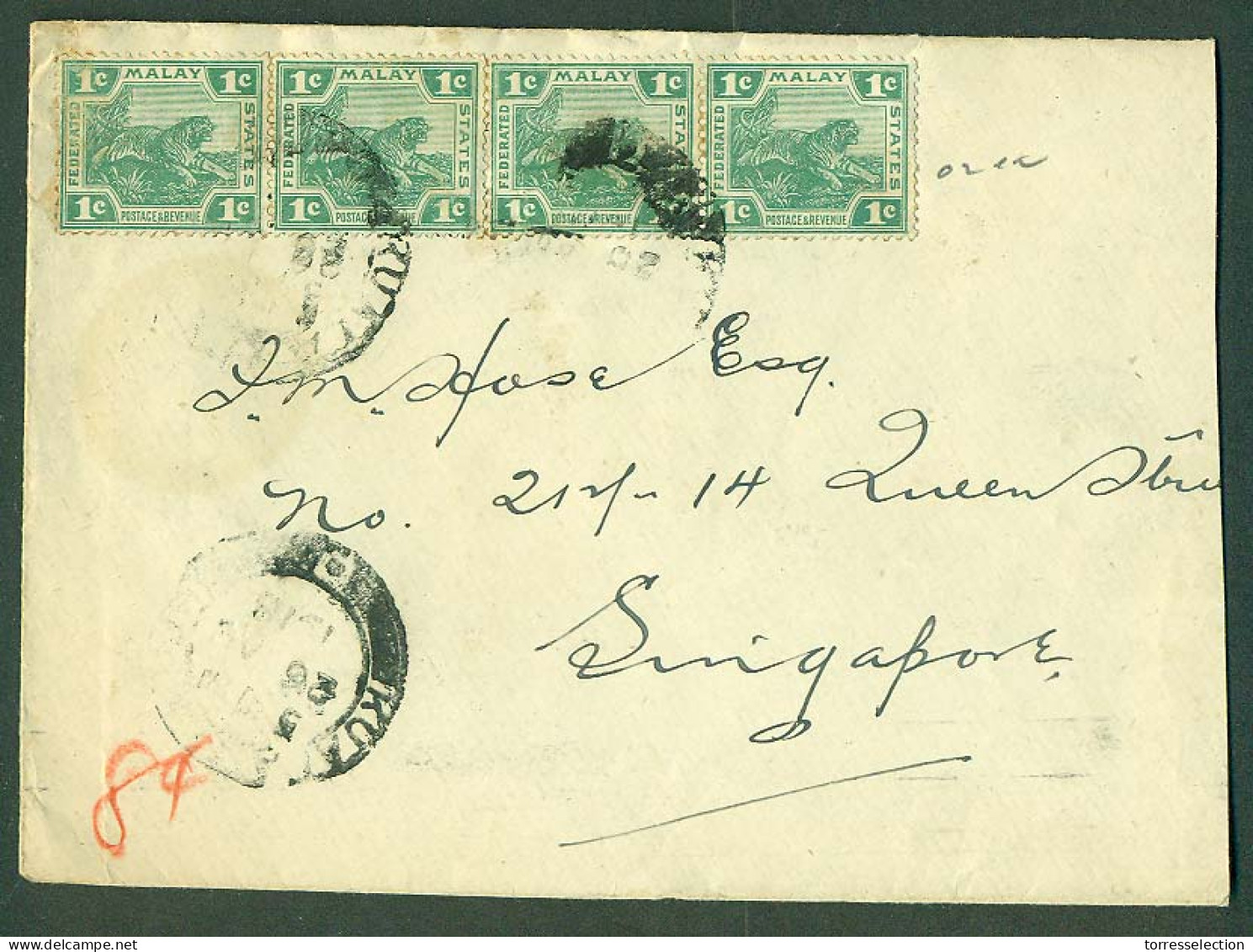 MALAYSIA. 1918 (26 Aug). Kuala Lumpur - Sing (27 Aug). Env Fkd 1c Horiz Strip Of Four Light Green Shade Cds. Fine. - Malaysia (1964-...)