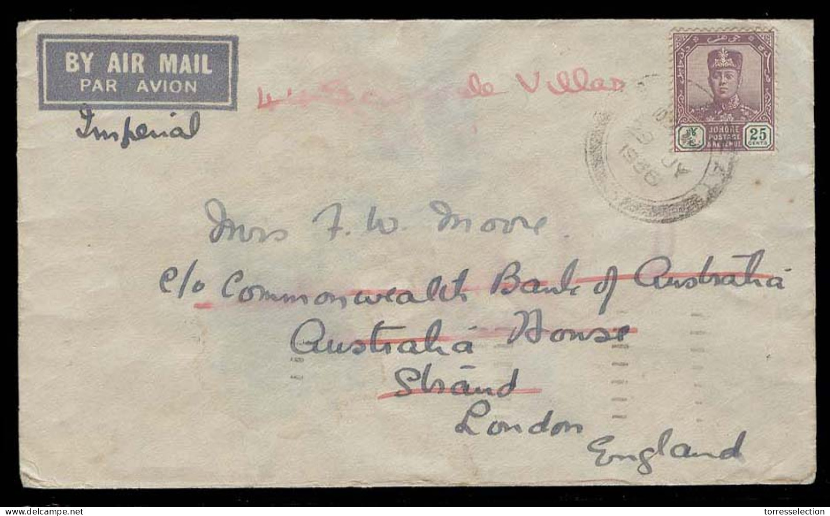 MALAYSIA. 1936 (29 July). Johore. ?RAT - UK (11 Aug). Air Imperial Single 25c Fkd Env With Arrival. - Malaysia (1964-...)