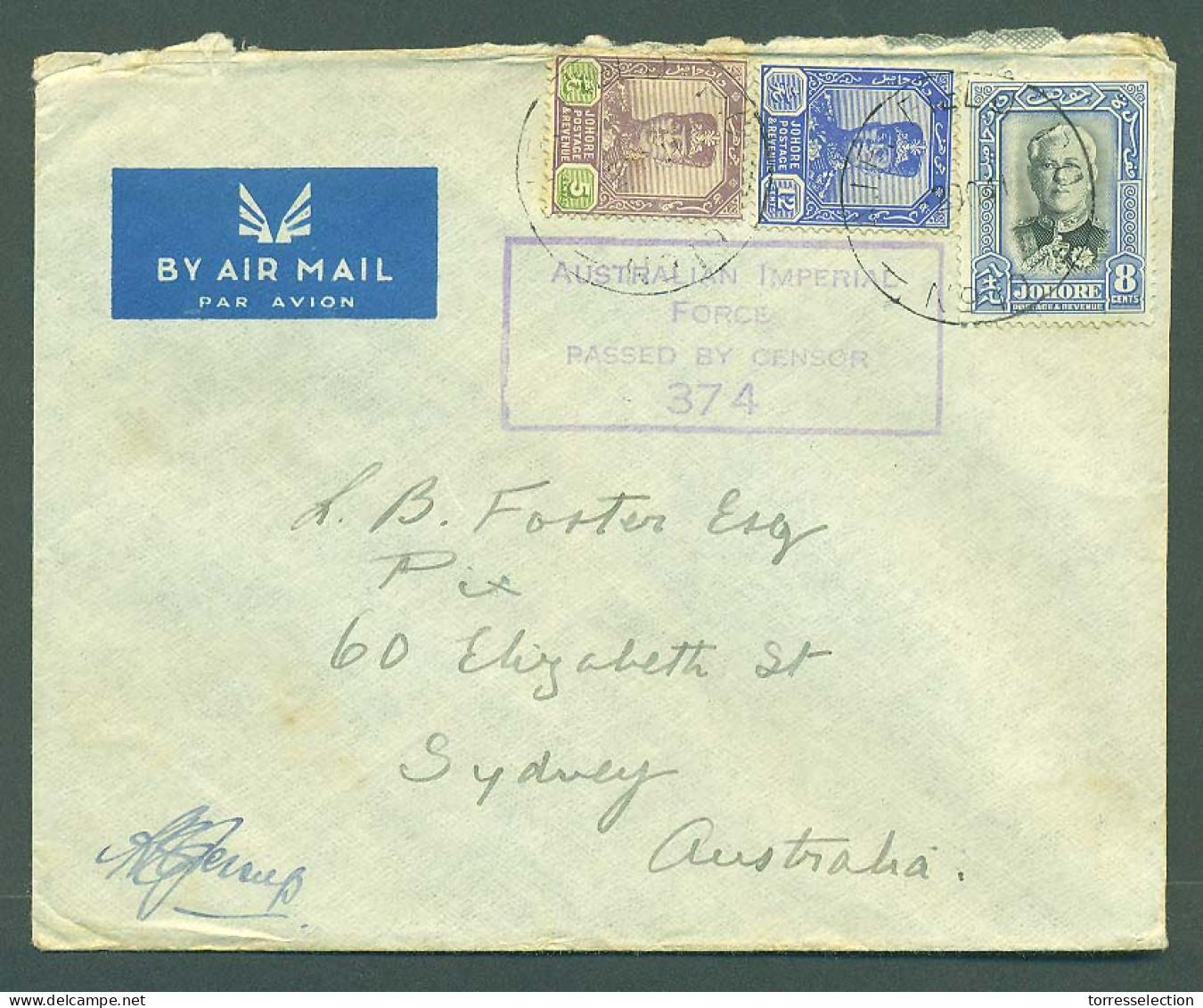 MALAYSIA. 1941 (2 Oct). Johore. AIF Field / 19. Air Multifkd Mixed Issues Env To Australia Sydney Wih Australian Imperia - Malaysia (1964-...)