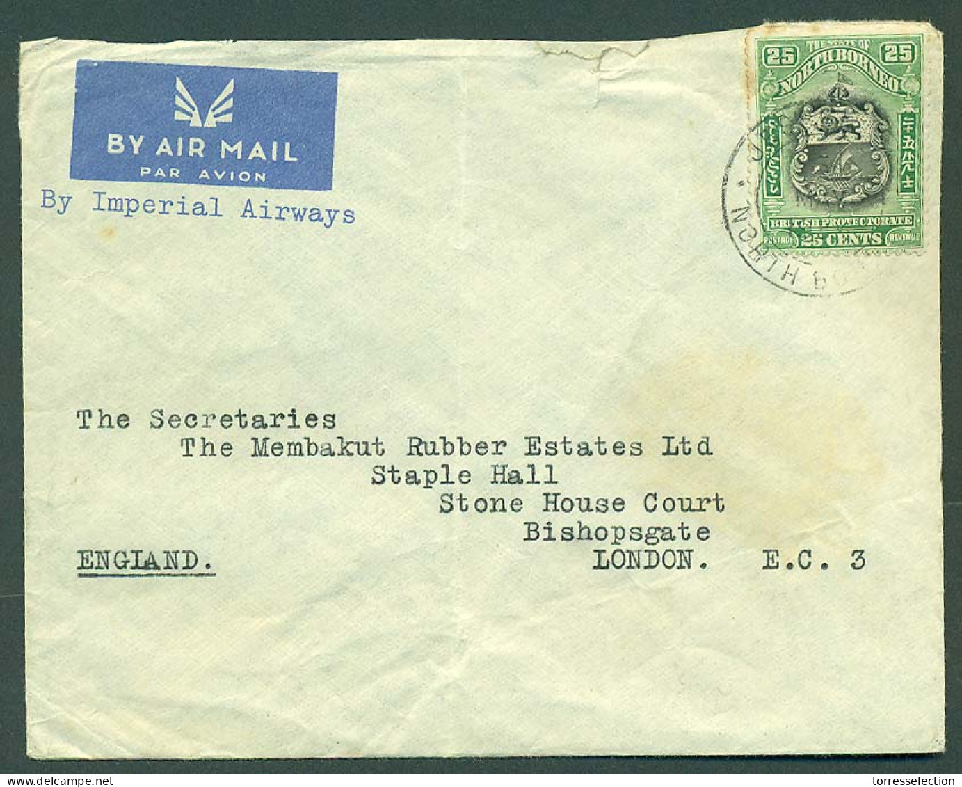MALAYSIA. 1934 (5 May). North Borneo. Jesselton - UK. Air Imperial Single Fkd Env. - Malaysia (1964-...)