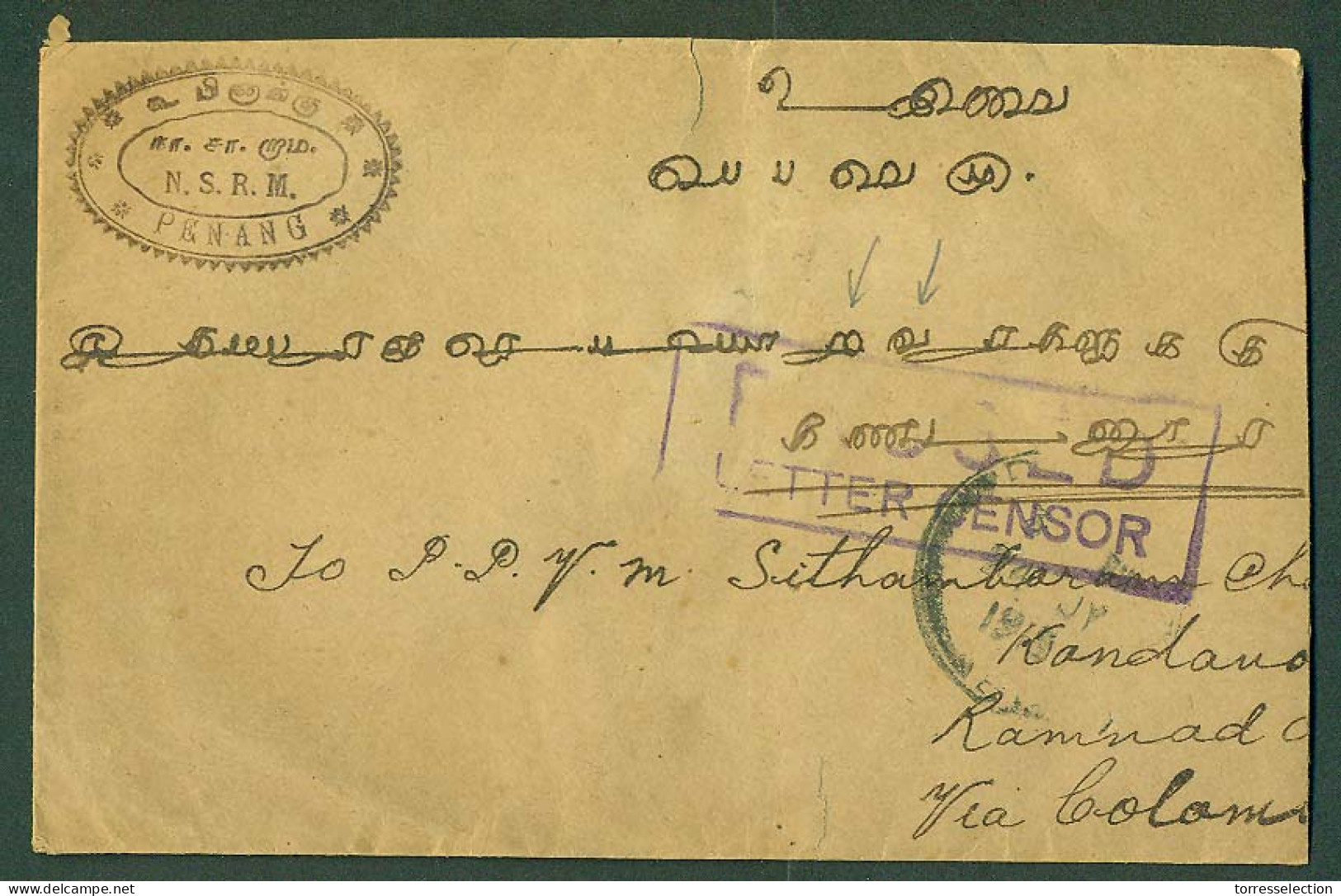 MALAYSIA. 1915 (24 July). Penang - Kandanovic - Dhanushid. Fkd Reverse + Front Penang Violet Censor Cachet. Scarce WW I  - Malaysia (1964-...)